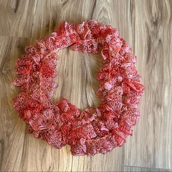 New Handmade Crochet Coral Colored Sequined Twirly Scarf 76” Long - Picture 8 of 14